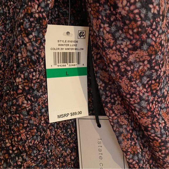 New NWT 1. State long sleeve semi sheer floral shirred blouse top black pink L - Picture 7 of 12